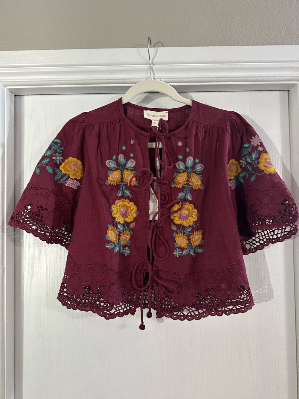 Embroidered Burgundy Tie-Front Boho Blouse